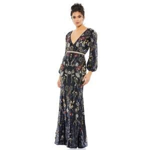 NWT Mac Duggal Embellished Wrap Over Bishop Sleeve Gown Midnight Multi Size 10